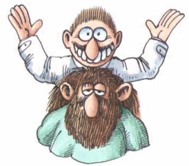 Caricatura de un barbero con un cliente barbudo