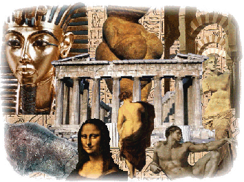 Varias imágenes superpuestas sobre arte: Gioconda, Egipto, Grecia, Mezquita de Cordoba