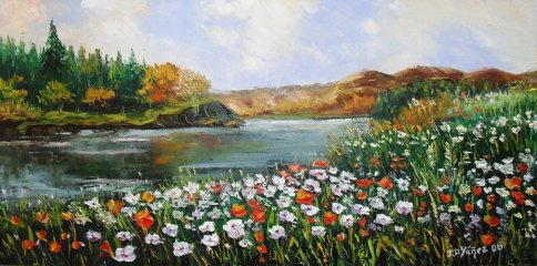 Cuadro de Mª Isabel Díaz Yánez. Paisaje de un río rodeado de flores blancas y naranjas
