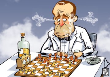 Dibujo de Bogart jugando al ajedrez, fumando un cigarro (le sale humo por las dos orejas) y una botella de whisky al lado del tablero