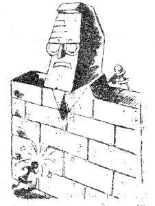 Caricatura de Botvinnik. Su cuerpo es un muro y su cabeza aparece con gesto serio mientras un peón negro con piernas se da cabezazos con el muro