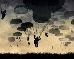Decenas de paracaidistas lánzandose en territorio enemigo