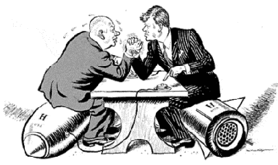 Caricatura de JFK echando un pulso con el presidente sovietico, ambos sentandos sobre un misil