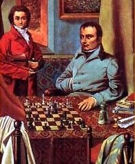 Dibujo de Napolen ante un tablero de ajedrez