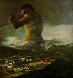 'Coloso', cuadro de Goya. La escena muestra un coloso caminando por un valle atestado de personas y carromatos, los cuales se ven como hormigas al lado del gigante