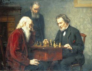 Cuadro en los que aparece tres ancianos, dos de ellos jugando al ajedrez mientras otro observa. La escena probablemente es del Silgo XIX