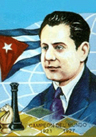 Caricatura de Capablanca con la bandera cubana ondeando en segundo plano