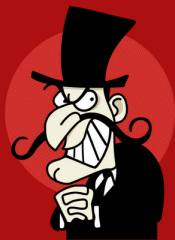 Dibujo de un caballero con bigote y chistera, que se frota las manos con una expresión malvada en el rostro.