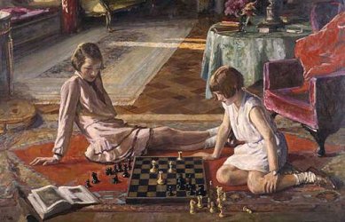 Cuadro 'Las jugadores de ajedrez', de John Lavery. Dos nias jugando al ajedrez en el suelo, a su lado un libro