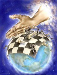 Fichas de ajedrez sobre el planeta y una mano derribándolas
