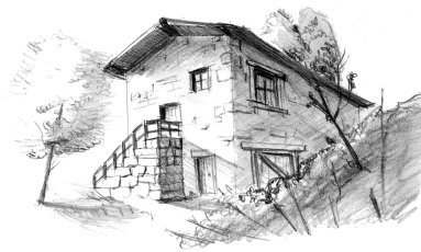 Dibujo de una casa antigua. A la entrada se accede por unas escaleras laterales de piedra con barandilla. La casa está rodeada de algunos árboles