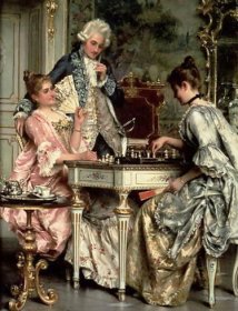 Arturo Ricci - Cuadro "La partida de ajedrez". Escena donde se ve a dos damas de la poca clsica jugando una partida de ajedre en un lujoso saln, observadas por un caballero