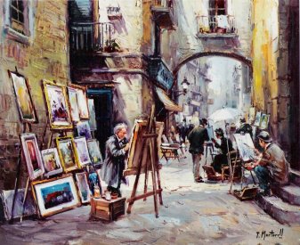 Cuadro en el que se ve a dos pintores pintando en plena calle. Representa una poca antigua.