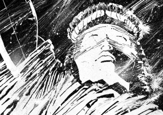 Dibujo de la estatua de la libertad con los ojos vendados, bajo la lluvia