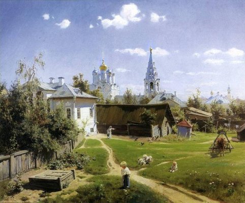 Paisaje de un pueblo ruso. Se ve a dos nios jugando en una pradera en un da soleado. En el pueblo sobresalen las cpulas doradas de una iglesia ortodosa de color blanco