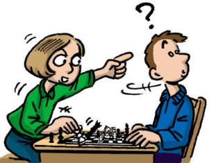 Dibujo de dos personas jugando al ajedrez. Una de ellas hace trampas al sacar una pieza del tablero