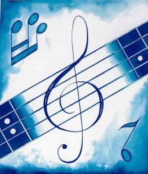 Clave de sol, pentagrama y notas musicales sobre fondo azul