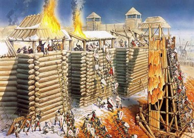 Asedio a una muralla de madera, con un arma de asedio y varias escalas.