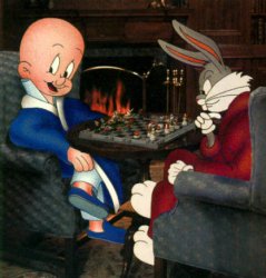 Dibujo de Elmer y Bugs Bunny jugando una partida de ajedrez