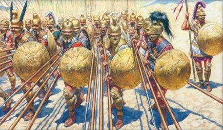 Formacin de soldados griegos formando una nube de lanzas y escudos