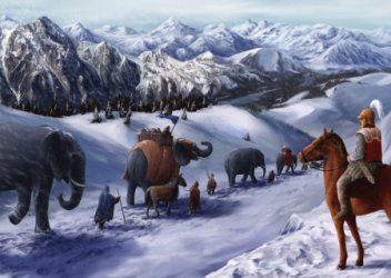 Ejrcito de Anibal, con varios elefantes, atravesando los Alpes
