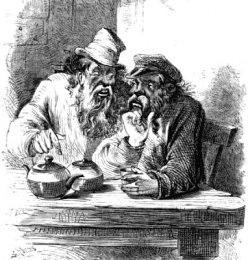 Dibujo de dos mujiks ancianos sentados ante una mesa