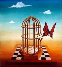 Dibujo de una jaula rota sobre un tablero de ajedrez de la que est saliendo una mariposa