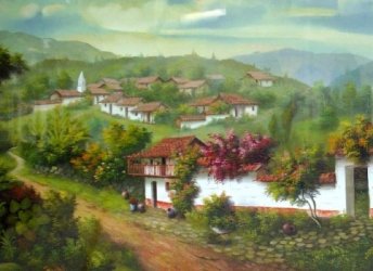 Cuadro de un pueblo situado en una colina, rodeado de rboles. En primer plano una hacienda de muros blancos y muchos rboles floridos