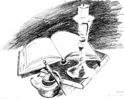 Dibujo de un libro, una vela y una pluma