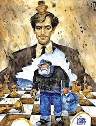 Dibujo en el que se ve a Fischer joven ante el tablero, cuadro roto al entrar en la escena el Fischer vagabundo de los aos 80