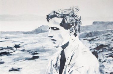 Dibujo de Bobby Fischer de perfil y con el pelo revuelto por el viento