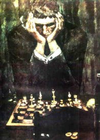 Cuadro de Bezhan Shvelidze - "The trouble chess play". En la escena se ve a un jugador de ajedrez de frente, con la cabeza entre las manos... se parece a Fischer
