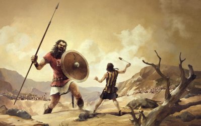 Cuadro que muestra a David enfrentndose a Goliath. En el fondo de la llanura se ve a una multitud de personas observando el duelo