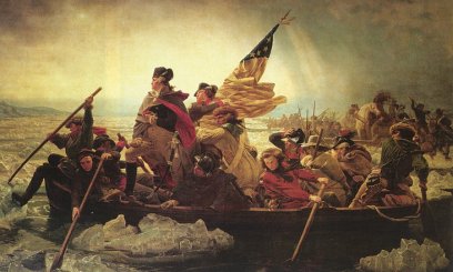 Cuadro que representa como Geroge Washington cruz el ro con sus soldados a bordo de varias barcas