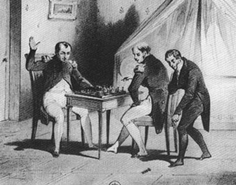 Napolen Bonaparte arroja su Rey al suelo, encolerizado por su derrota en el tablero