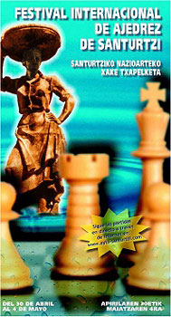 Cartel del Festival de ajedrez, con varias piezas de ajedrez en primer plano y una mujer transportando una cesta apoyada en la cabeza