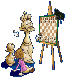 Rey de ajedrez enseña ajedrez a una niña y un peón pequeño en un tablero mural