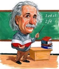 Caricatura de Einstein impartiendo clase. En la pizarra están escritas las dos primeras jugadas del gambito de rey