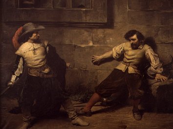 Imagen de hace siglos. Un espadachn amenaza a un hombre desarmado que est apoyado contra una pared con geste de miedo
