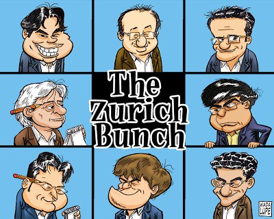 Caricatura de los participantes de Zurich, includos los dos comentaristas